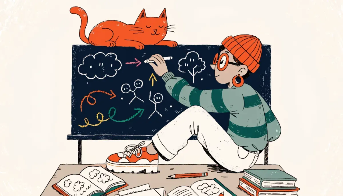 Retro cartoon illustration of a student drawing connecting lines between grammar concepts on a chalkboard