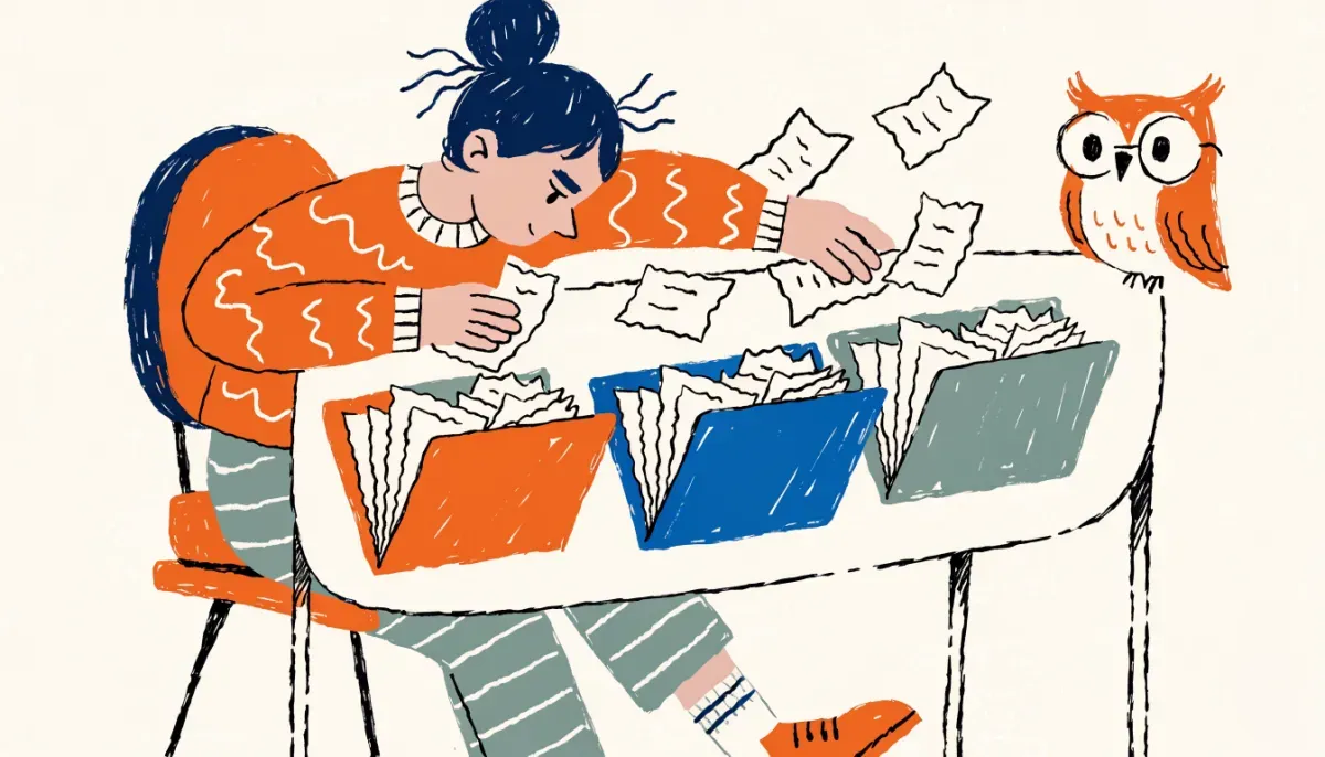 Retro cartoon illustration of a student organizing papers into colored folders while an owl watches from the desk