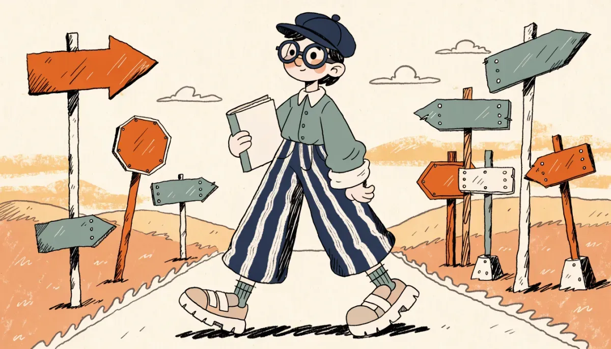 Retro cartoon illustration of a student at a crossroads with colorful directional signposts and a sunrise