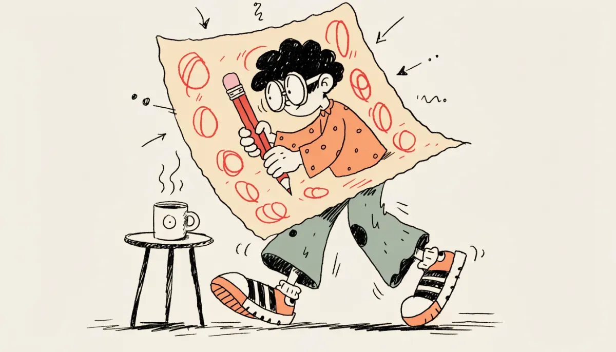 Retro cartoon illustration of a student holding a giant red pencil and circling errors on a floating sheet of paper