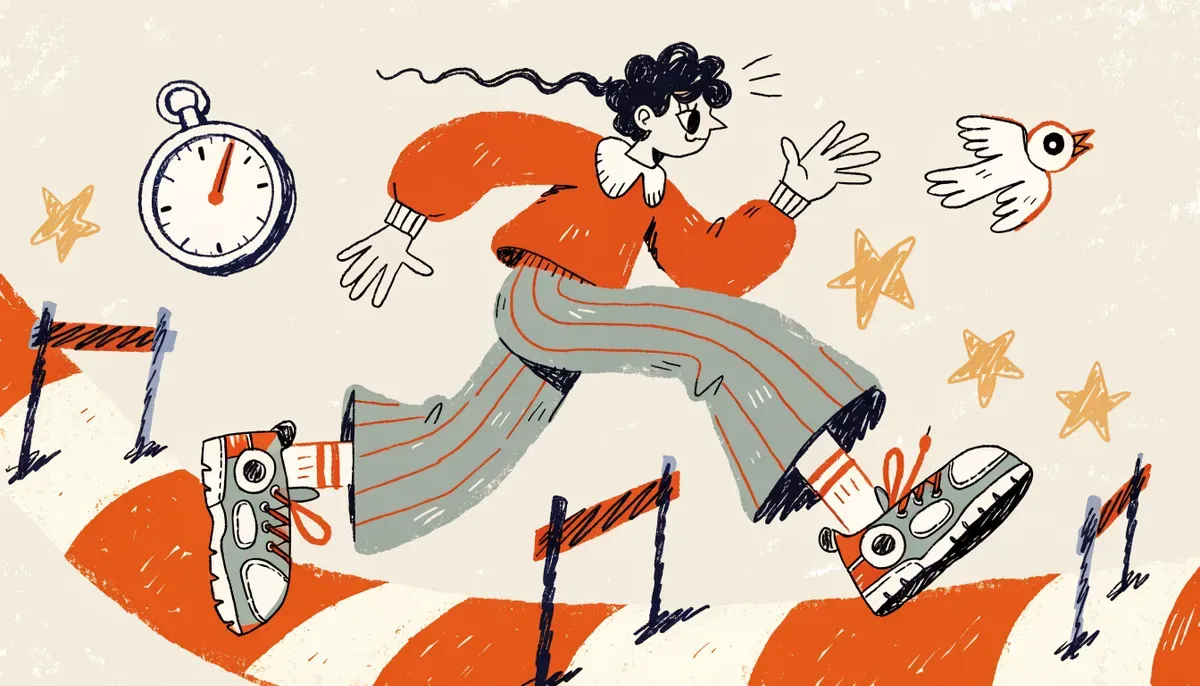 Retro cartoon illustration of a student leaping over hurdles on a winding track while collecting gold stars