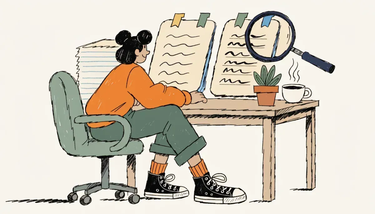 Cartoon student comparing a question sheet and answer key side by side with sticky tabs and a magnifying glass