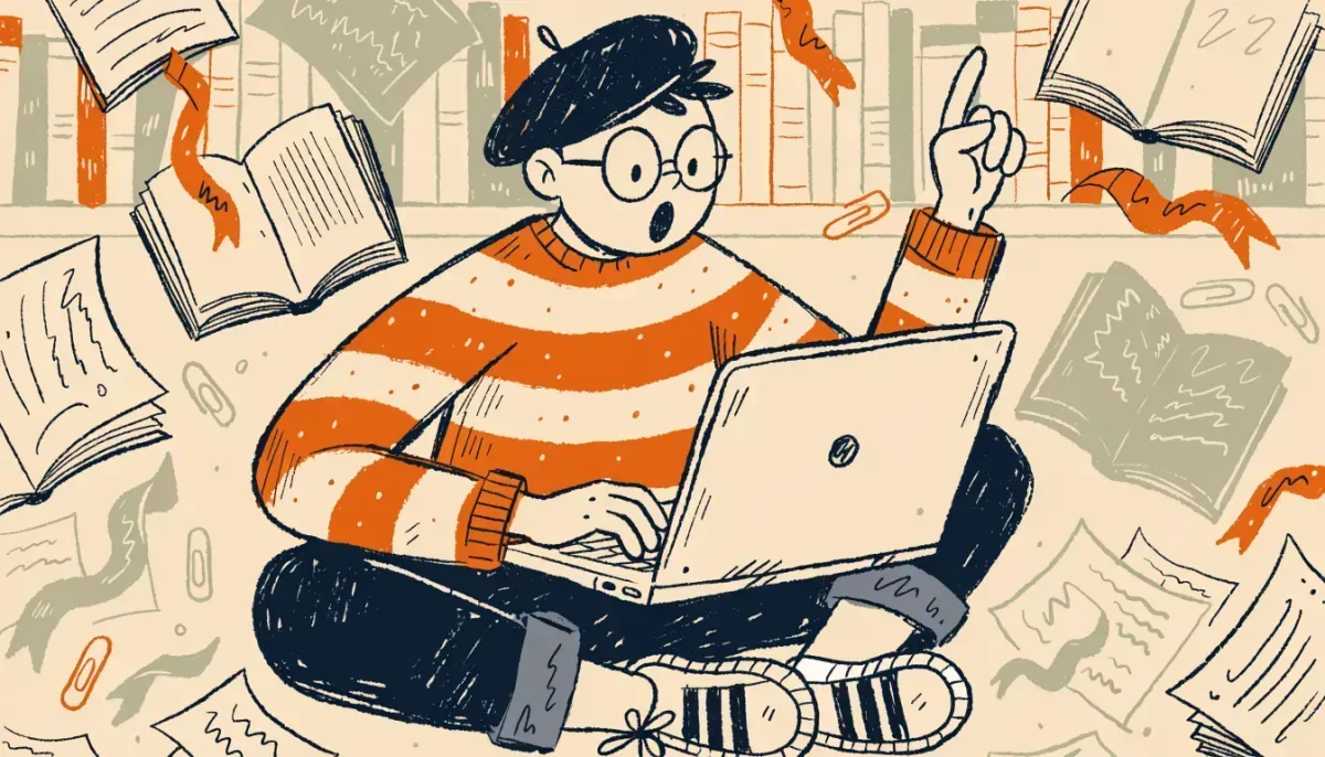 Cartoon student surrounded by floating books and papers pointing excitedly at a laptop screen