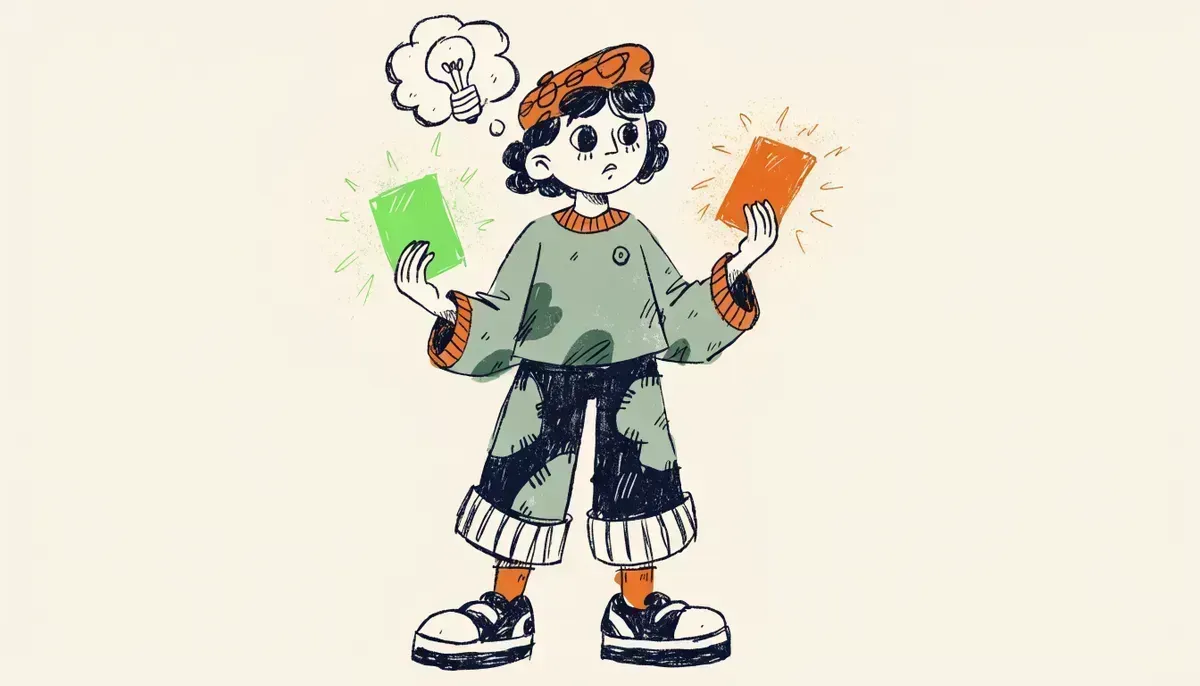 Student comparing two cards with a puzzled expression and a lightbulb in a thought bubble
