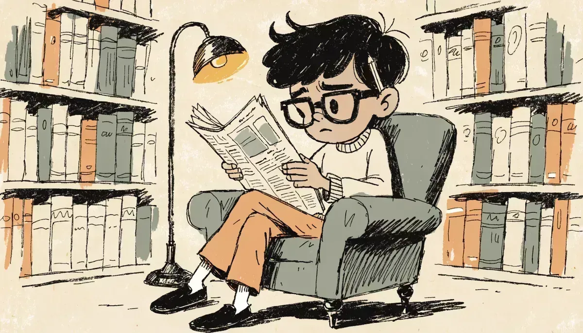 Student wearing reading glasses sitting in a library armchair reading critically with a pencil behind their ear