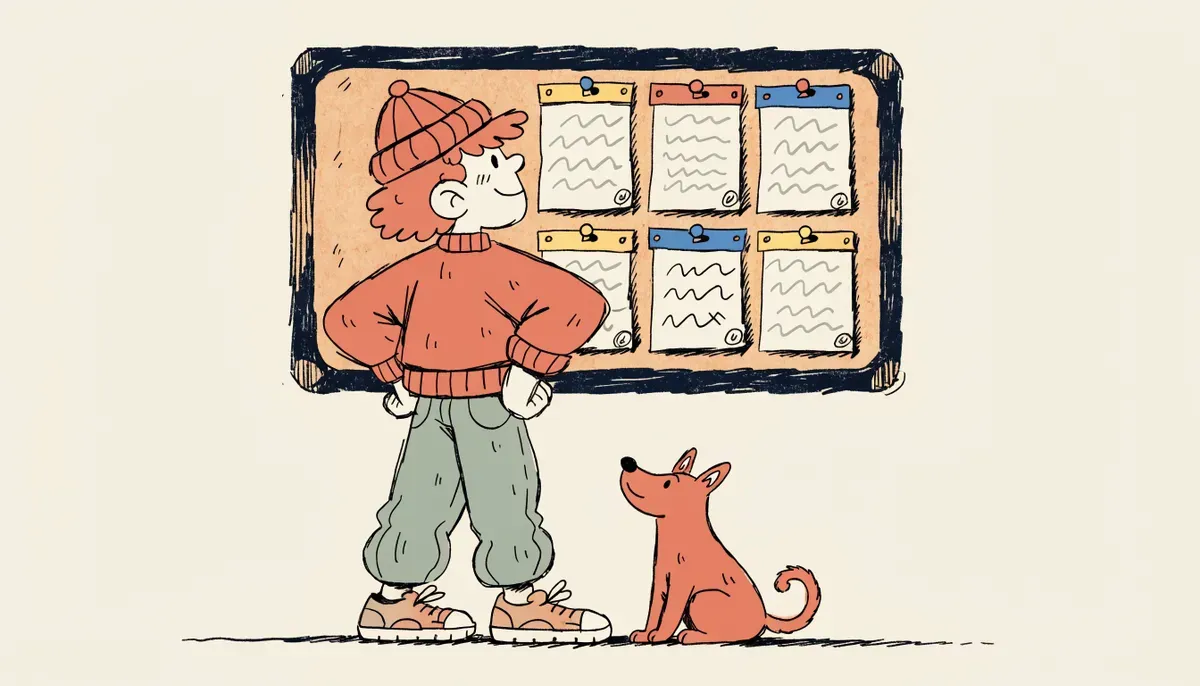 Cartoon student organizing solved worksheets on a bulletin board in three distinct columns