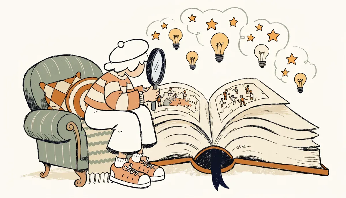 Cartoon student examining a giant open book with a magnifying glass while lightbulbs float above