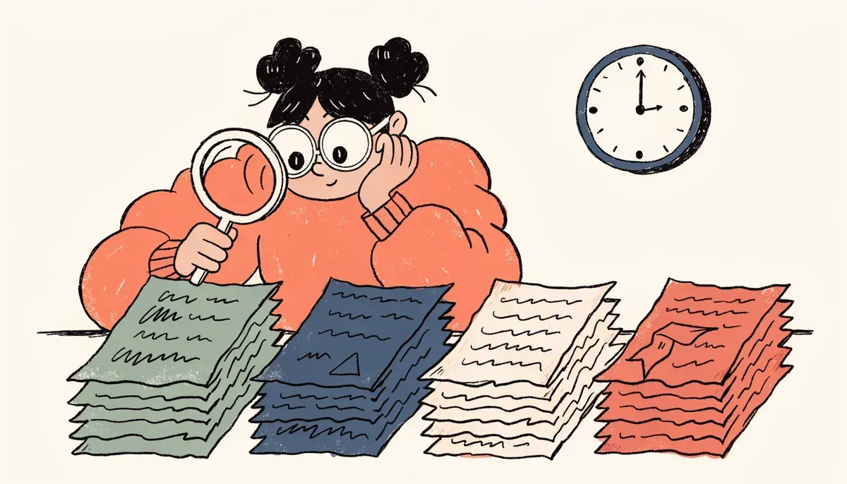 Cartoon student examining four different colored piles of test papers representing ACT sections