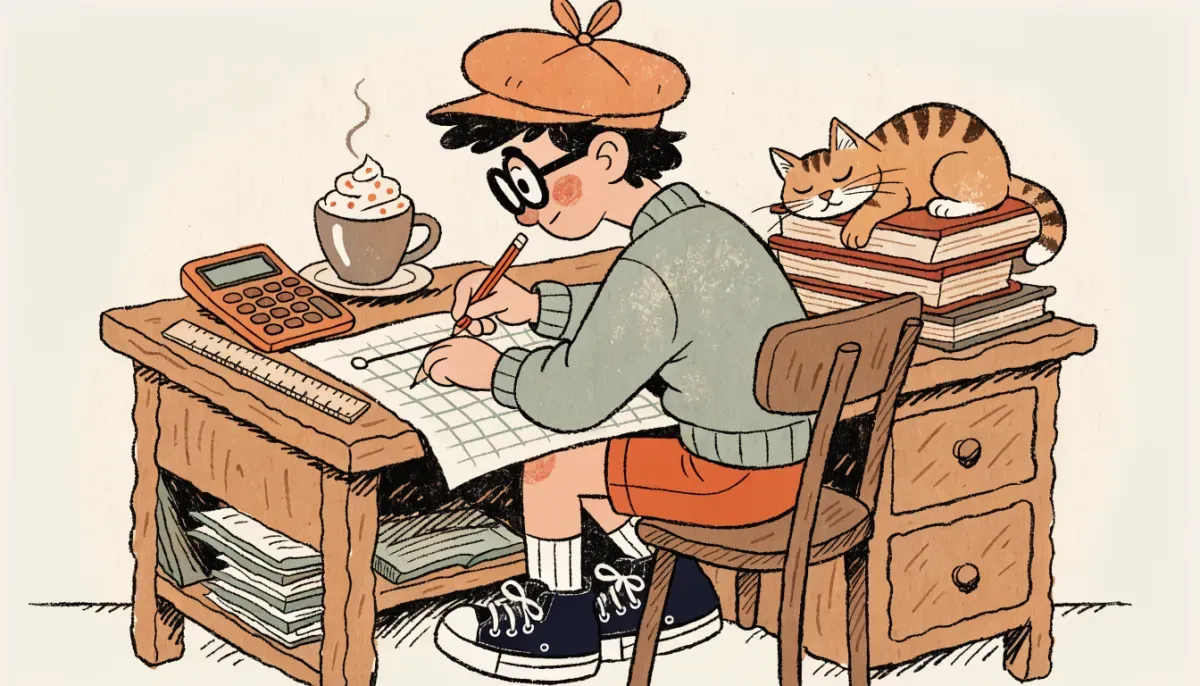 Retro cartoon illustration of a student at a desk with a calculator drawing a conversion scale on graph paper