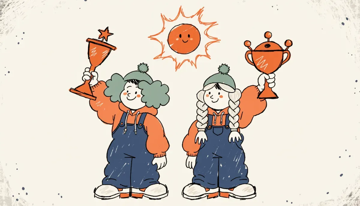 Retro cartoon illustration of two students comparing different sized trophies representing different scoring scales