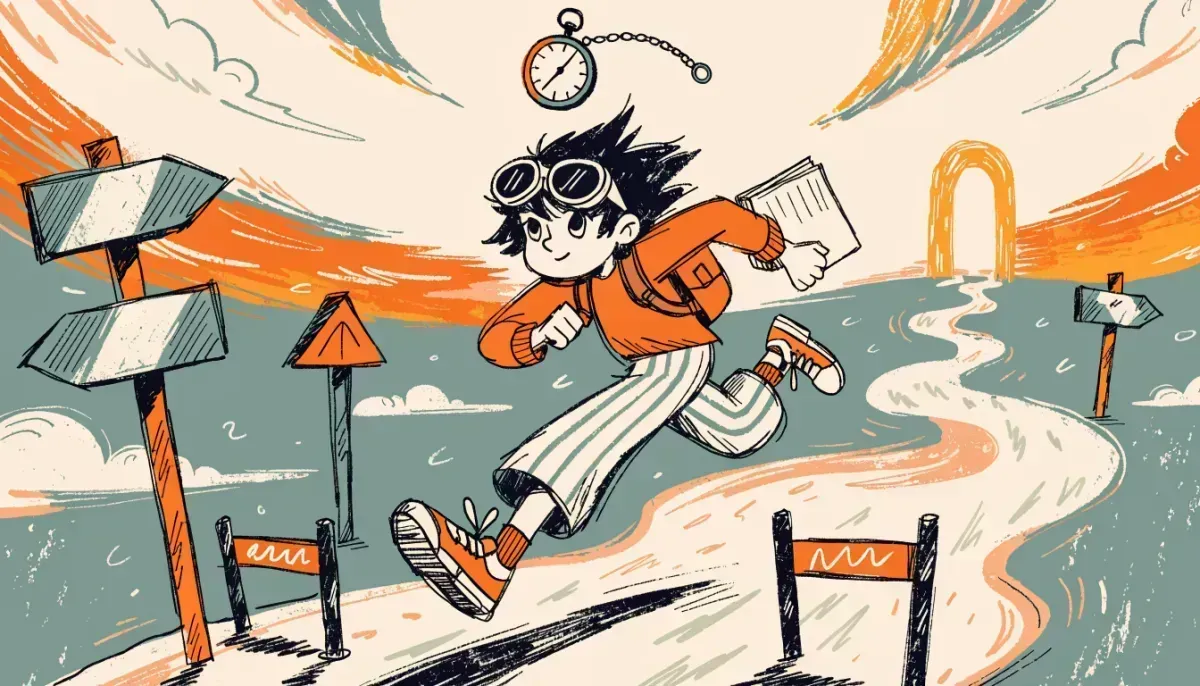 Cartoon student navigating a winding path with signposts representing different ACT English skill areas