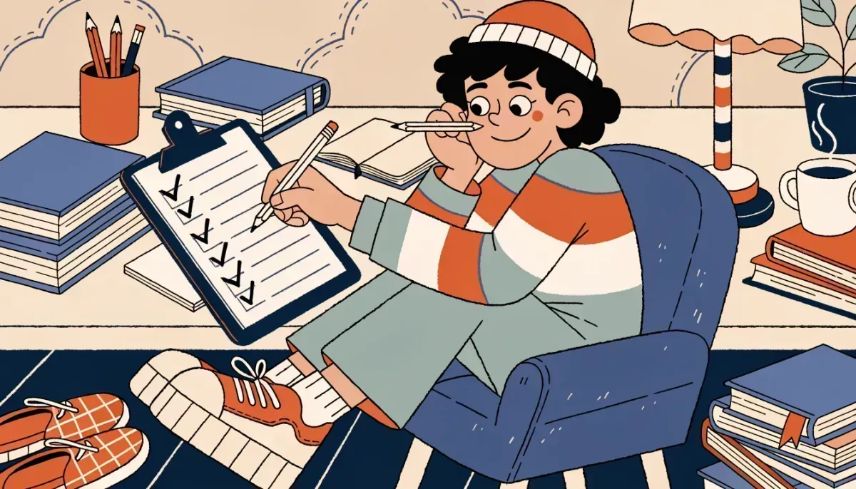 Cartoon student at a desk checking off items on a clipboard with grammar books and a warm desk lamp