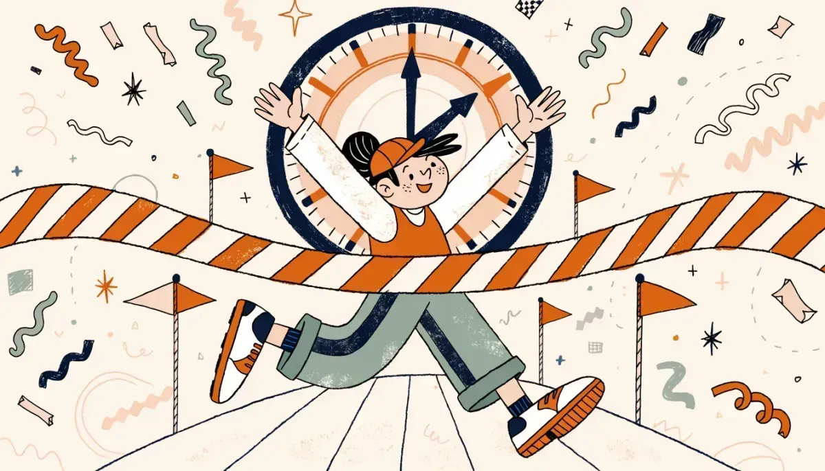 Cartoon student crossing a finish line with arms raised and a clock showing time remaining