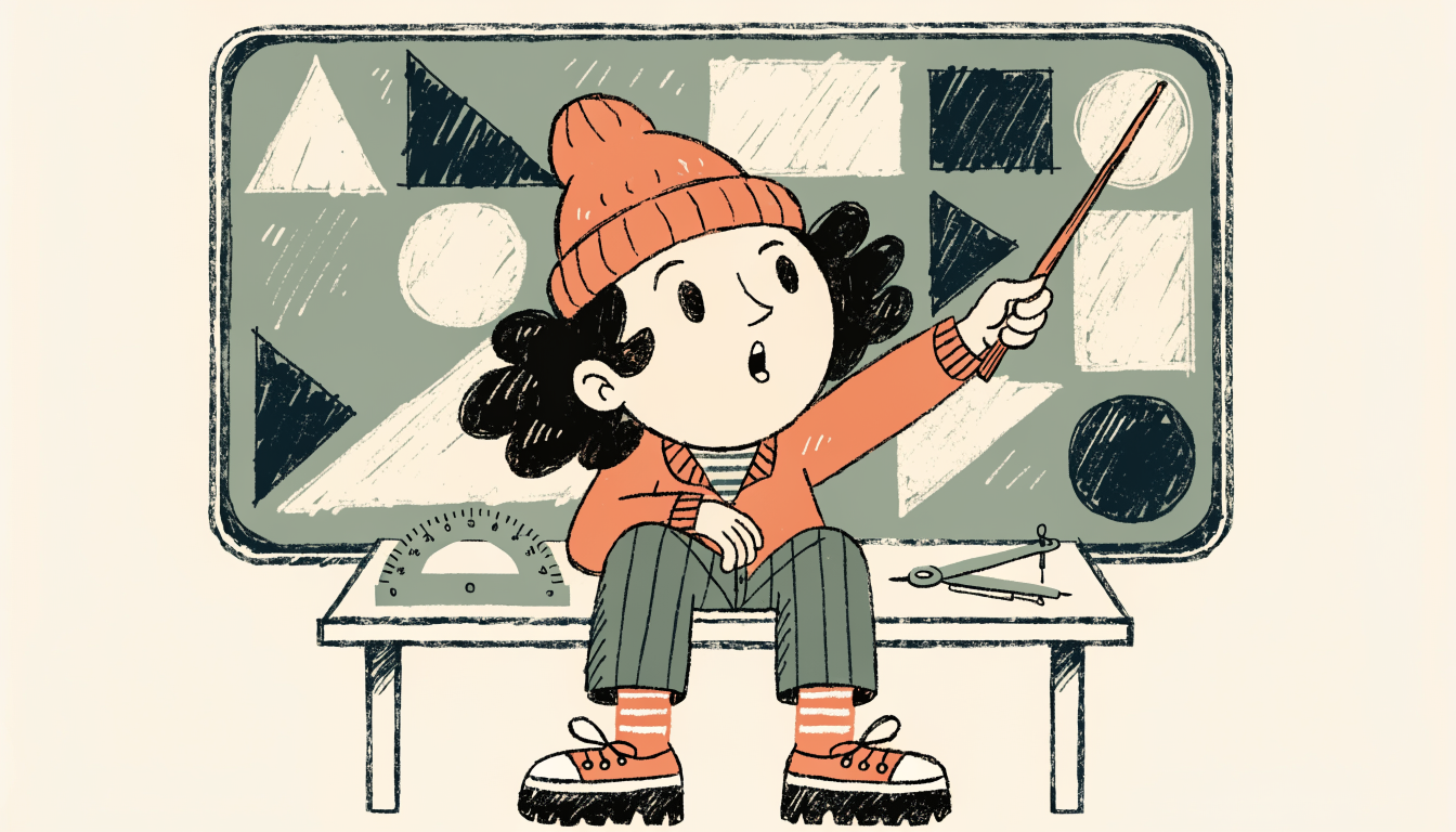 Retro cartoon illustration of a student pointing at geometric shapes on a chalkboard