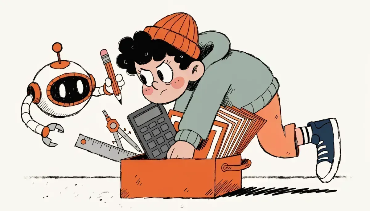 Student pulling math tools from a toolbox with a small robot assistant handing them a pencil