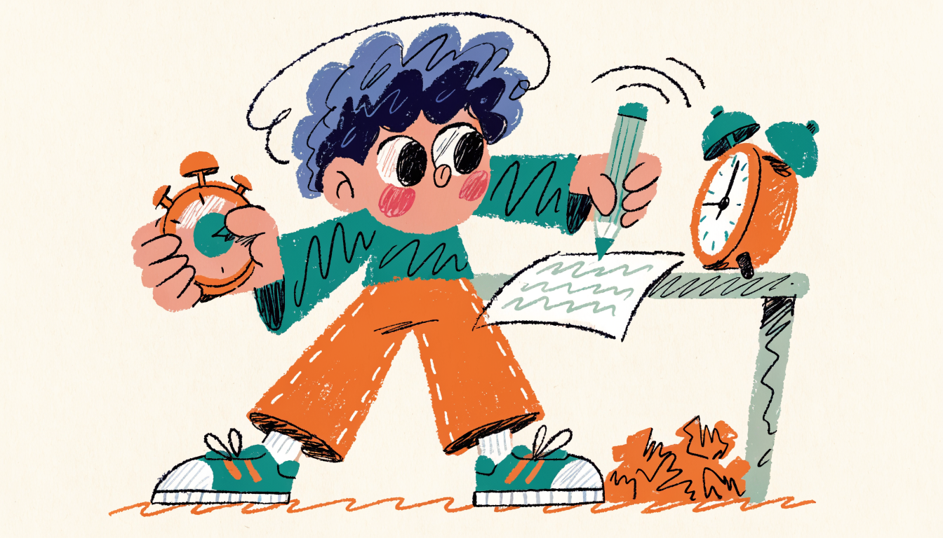 Retro cartoon illustration of a student racing through a worksheet with a stopwatch and alarm clock