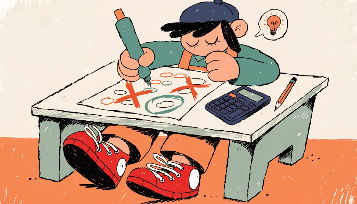 Cartoon student crossing out wrong answer choices with big Xs and circling the correct one