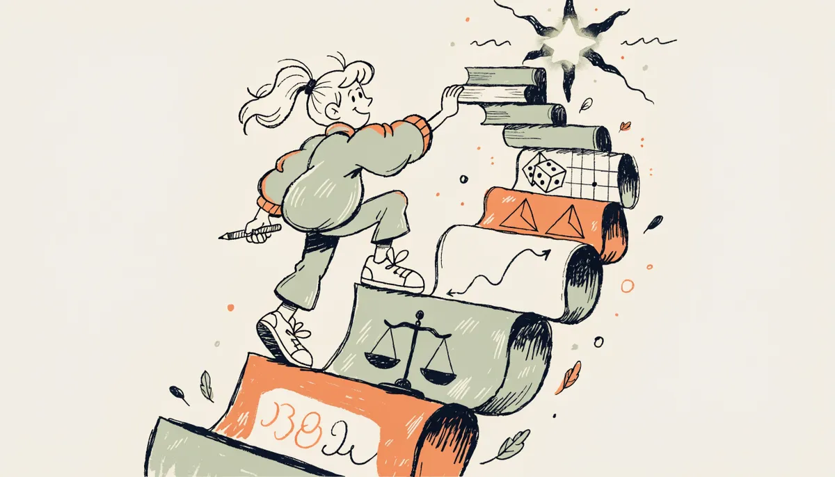 Cartoon student climbing a winding staircase of books and math symbols with a glowing star at the top