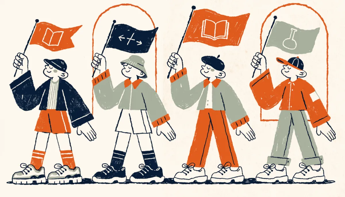 Four cartoon students holding flags representing the four ACT sections