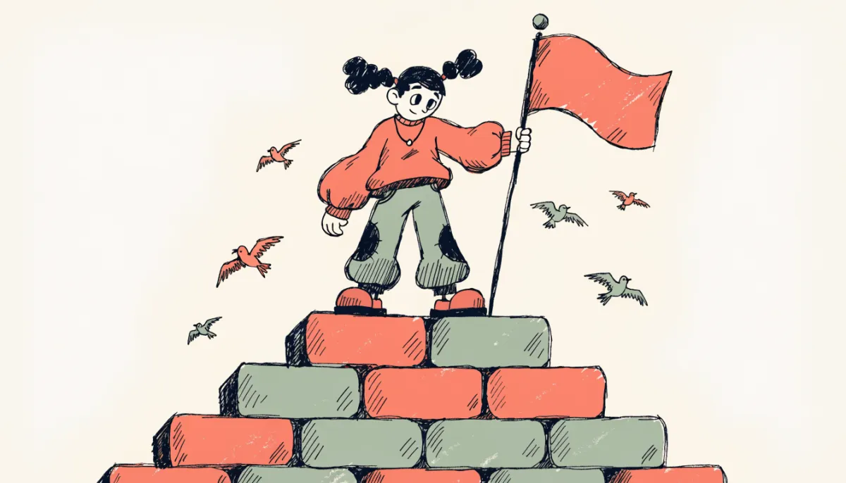 Cartoon student atop an ascending staircase of rectangular blocks holding a flag