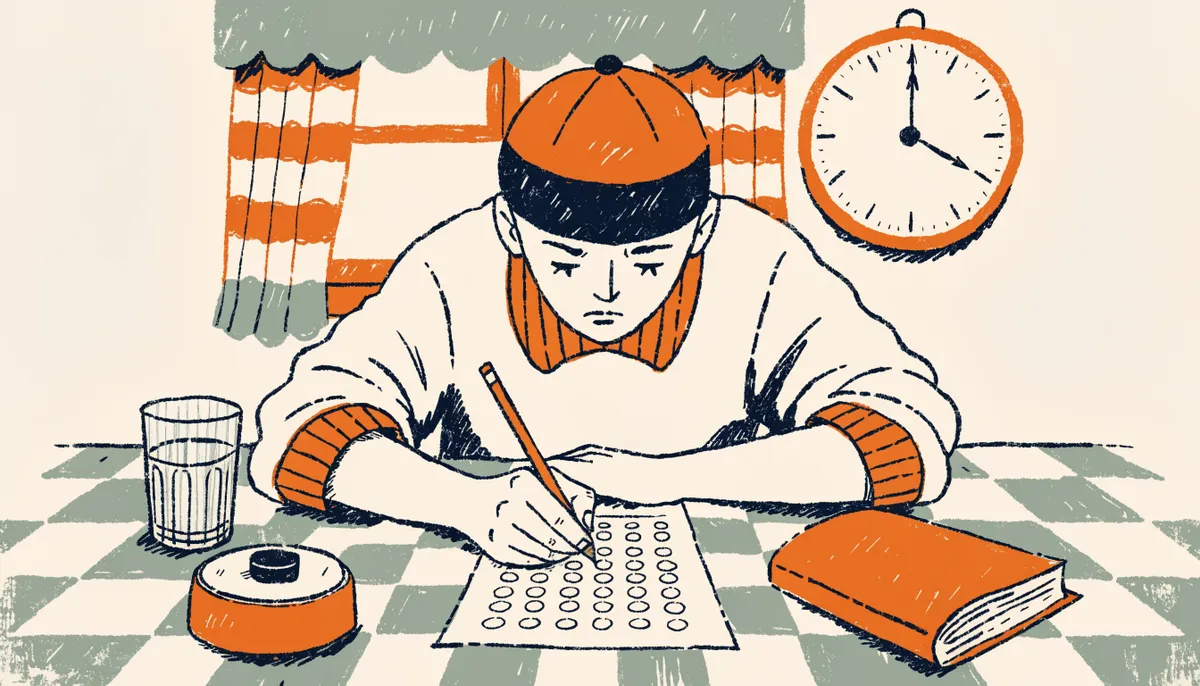 Cartoon student bubbling in a practice test answer sheet under a large wall clock in a cozy kitchen