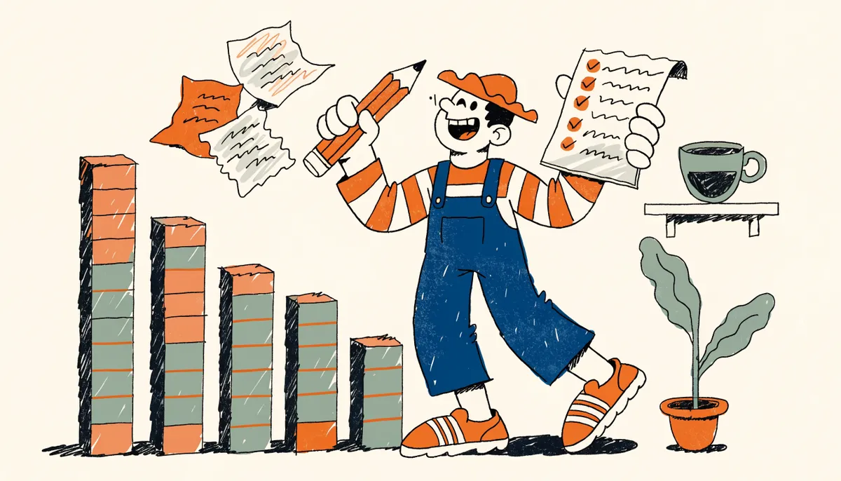 Cartoon student celebrating next to a rising bar chart of wooden blocks holding a pencil and answer sheet