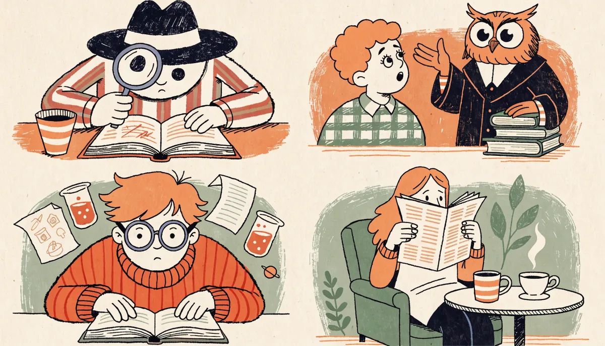 Retro cartoon illustration showing four vignettes representing different reading genres: a detective examining a novel, a student debating with an owl professor, a scientist surrounded by diagrams, and a person reading in a cafe