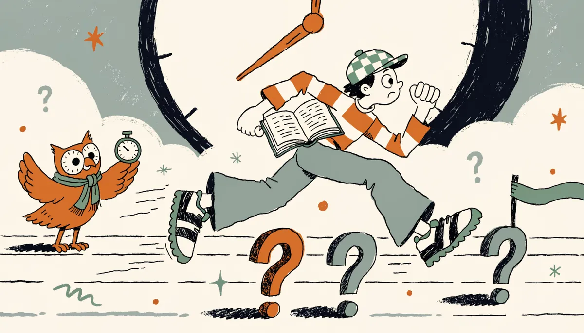 Retro cartoon illustration of a student racing against a clock while hurdling over question marks, with an owl coach holding a stopwatch on the sideline