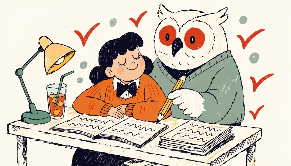 Retro cartoon illustration of a student and an owl reviewing test answers together at a desk with checkmarks floating around them