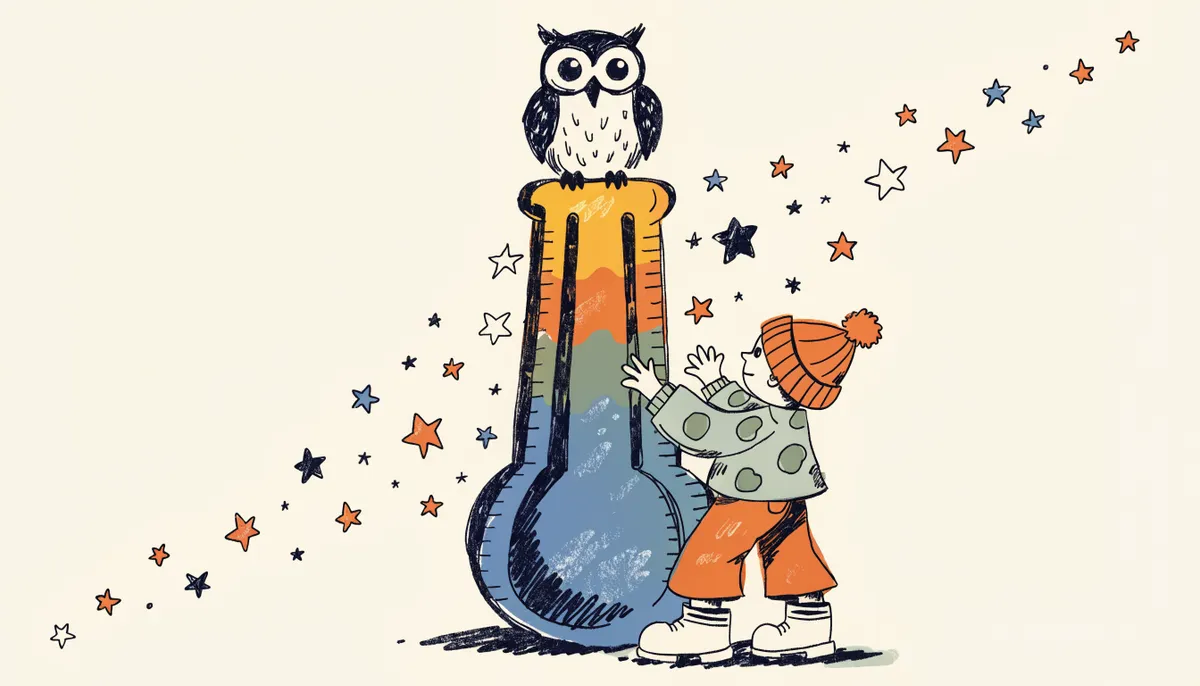 Retro cartoon illustration of a student measuring their height against a colorful thermometer-style progress meter with an owl perched on top