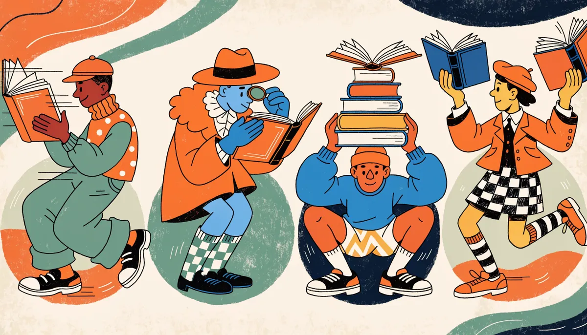 Retro cartoon illustration of four characters each reading in a different style, representing the four ACT passage types