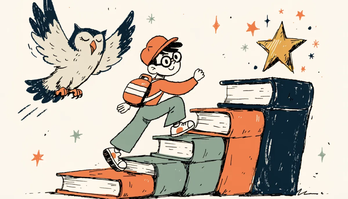 Retro cartoon illustration of a student climbing a staircase made of giant books toward a golden star at the top, with an owl flying alongside