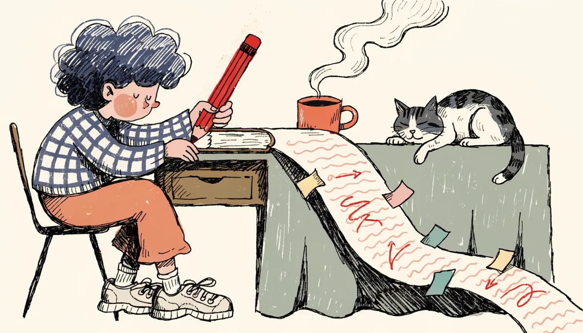 Retro cartoon illustration of a student annotating a long scroll of paper with a red pencil, sticky note flags marking key sections, with a sleeping cat and steaming coffee nearby