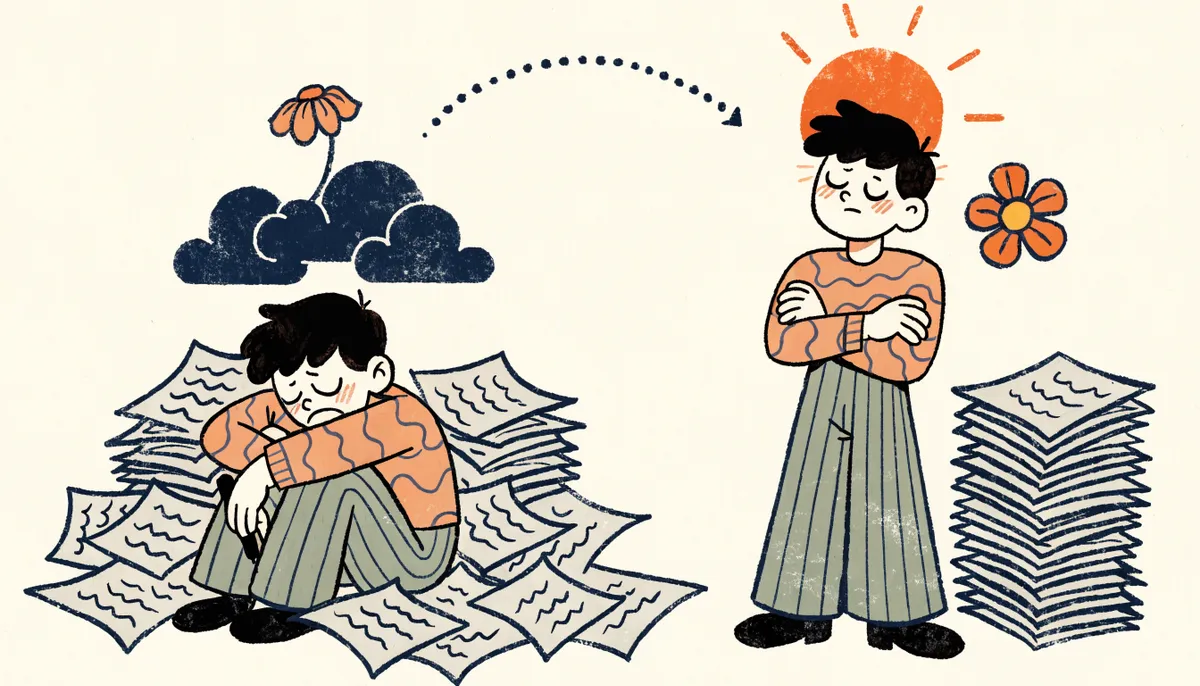 Retro cartoon illustration showing a before-and-after transformation: a stressed student surrounded by scattered papers under dark clouds on the left, and the same student confident with organized papers under sunshine on the right