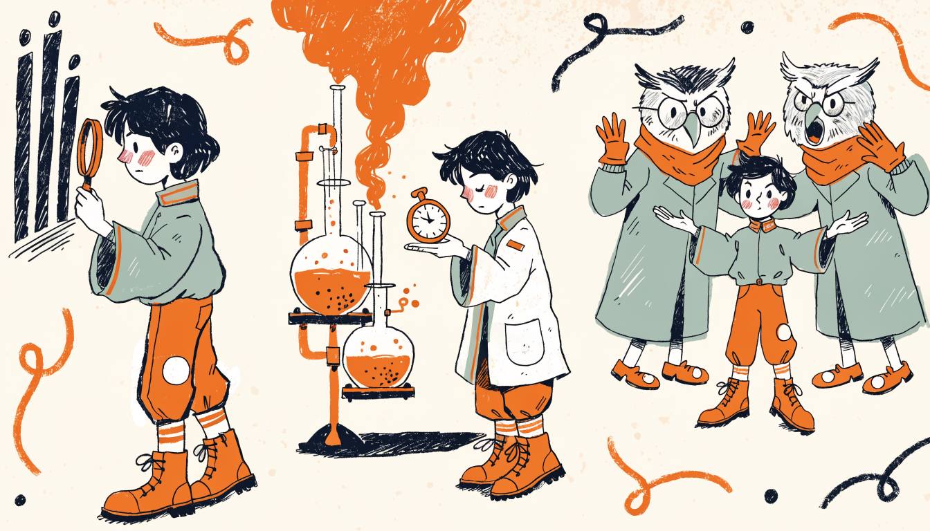 Retro cartoon illustration showing three vignettes of a student examining charts, watching a lab experiment, and mediating between two arguing owl professors
