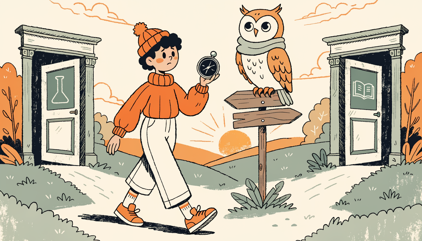 Retro cartoon illustration of a student at a crossroads choosing between two paths with an owl sitting on a signpost
