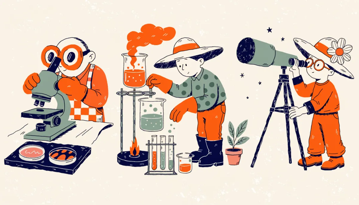Three cartoon characters at different science stations: microscope, beakers, and telescope