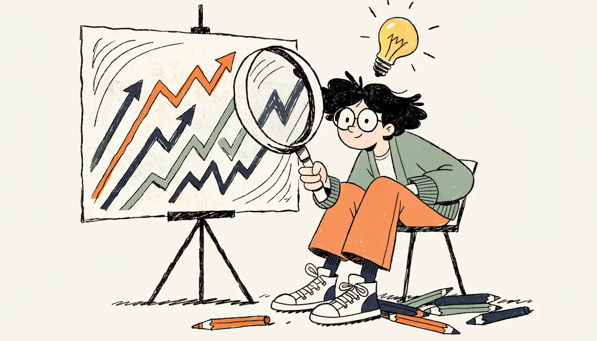 Cartoon student with magnifying glass examining colorful line graphs on an easel with a lightbulb above their head