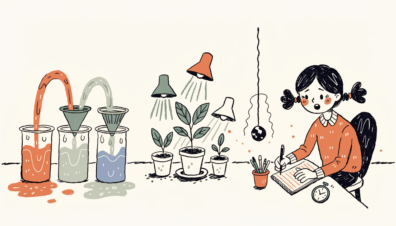 Retro cartoon illustration of a student at a desk with three different science experiment setups including beakers, plants, and a pendulum