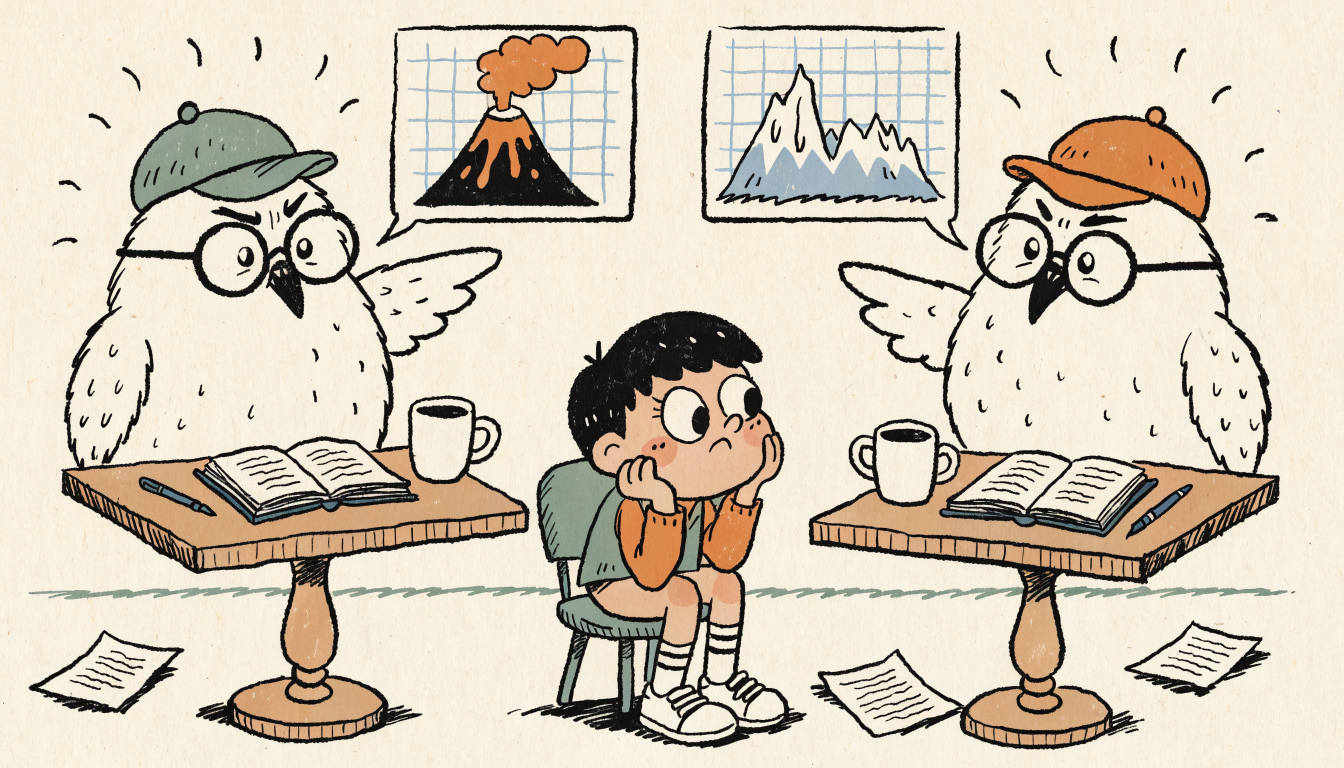 Retro cartoon illustration of two owl professors debating at lecterns while a student sits between them listening thoughtfully