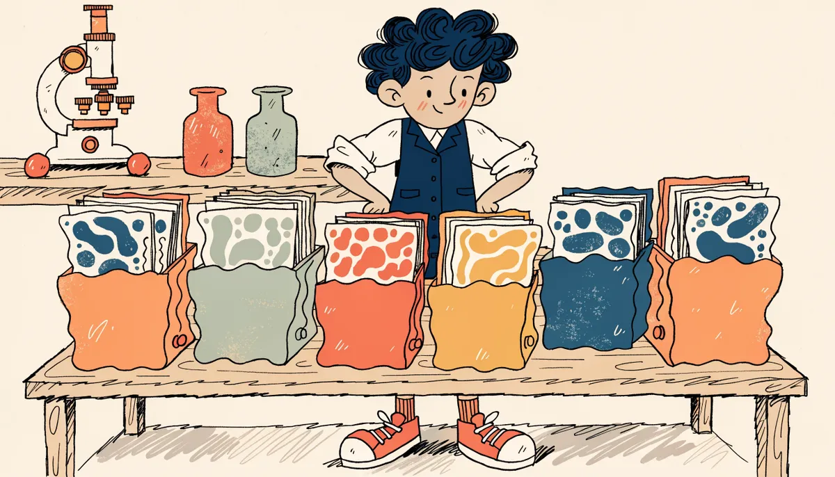 Cartoon student with a magnifying glass examining different types of scientific charts and graphs