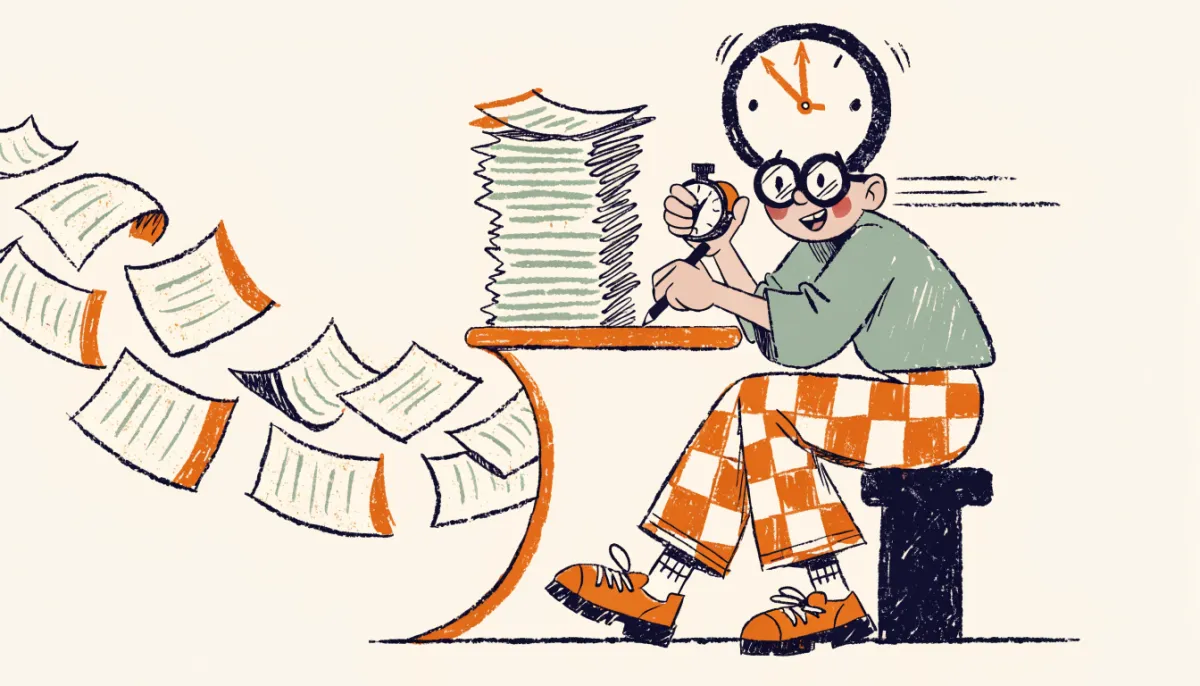 Cartoon student confidently sorting scientific charts into organized piles on a desk