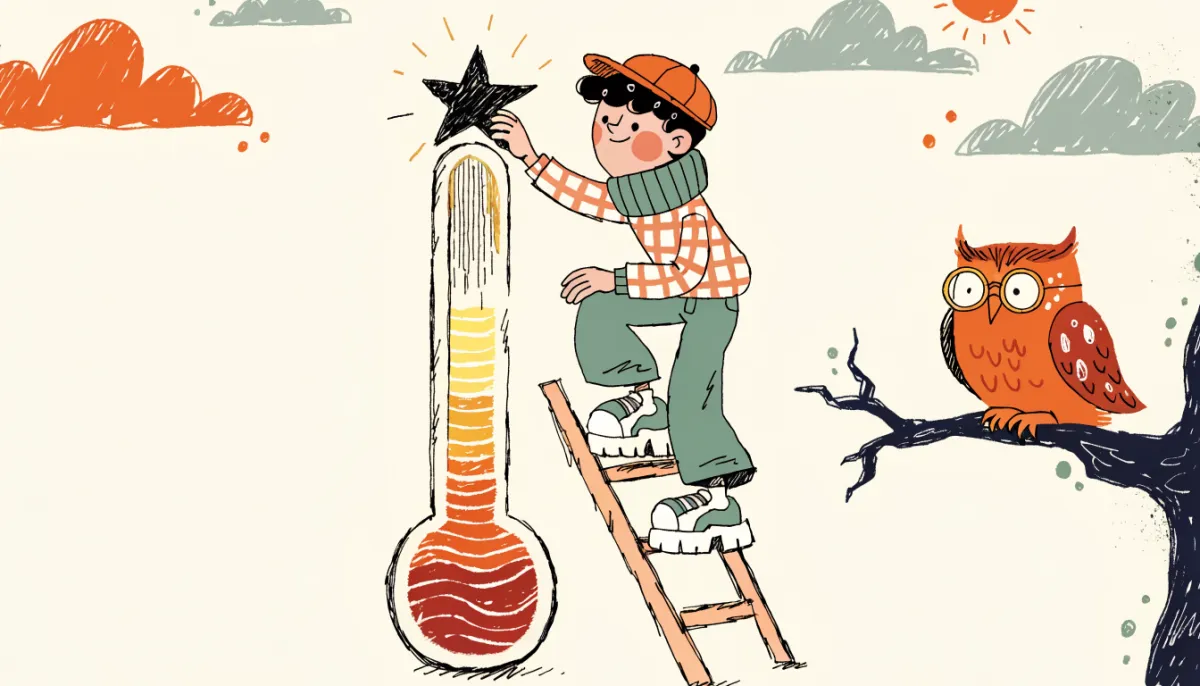 Cartoon student on a ladder placing a star atop a colorful thermometer-style progress meter with a wise owl watching