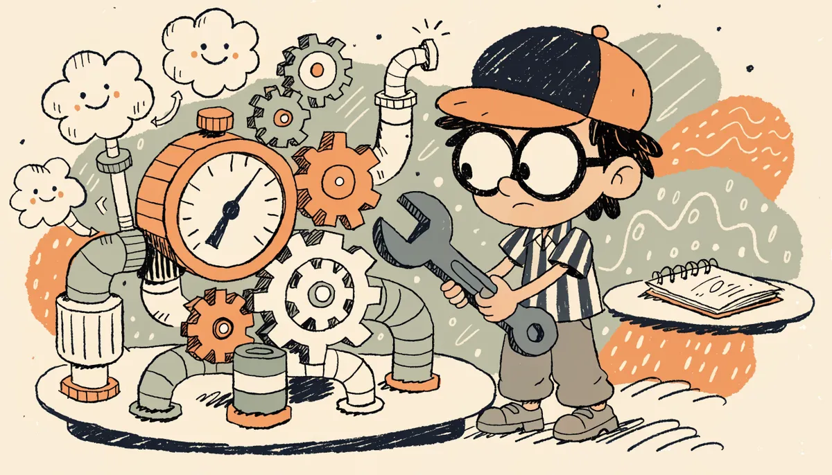 Cartoon student with oversized glasses adjusting gears on a whimsical science contraption with a dial gauge