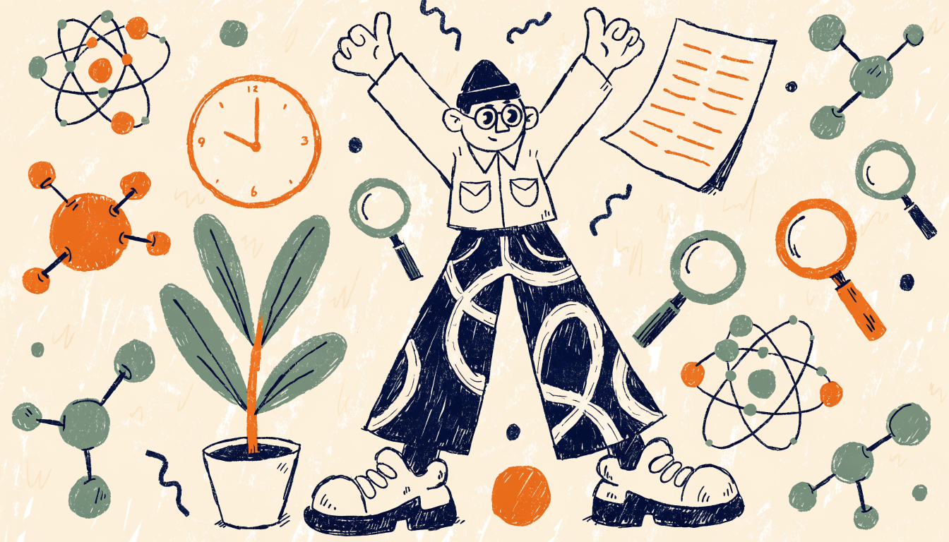 Confident student surrounded by floating science symbols celebrating good time management