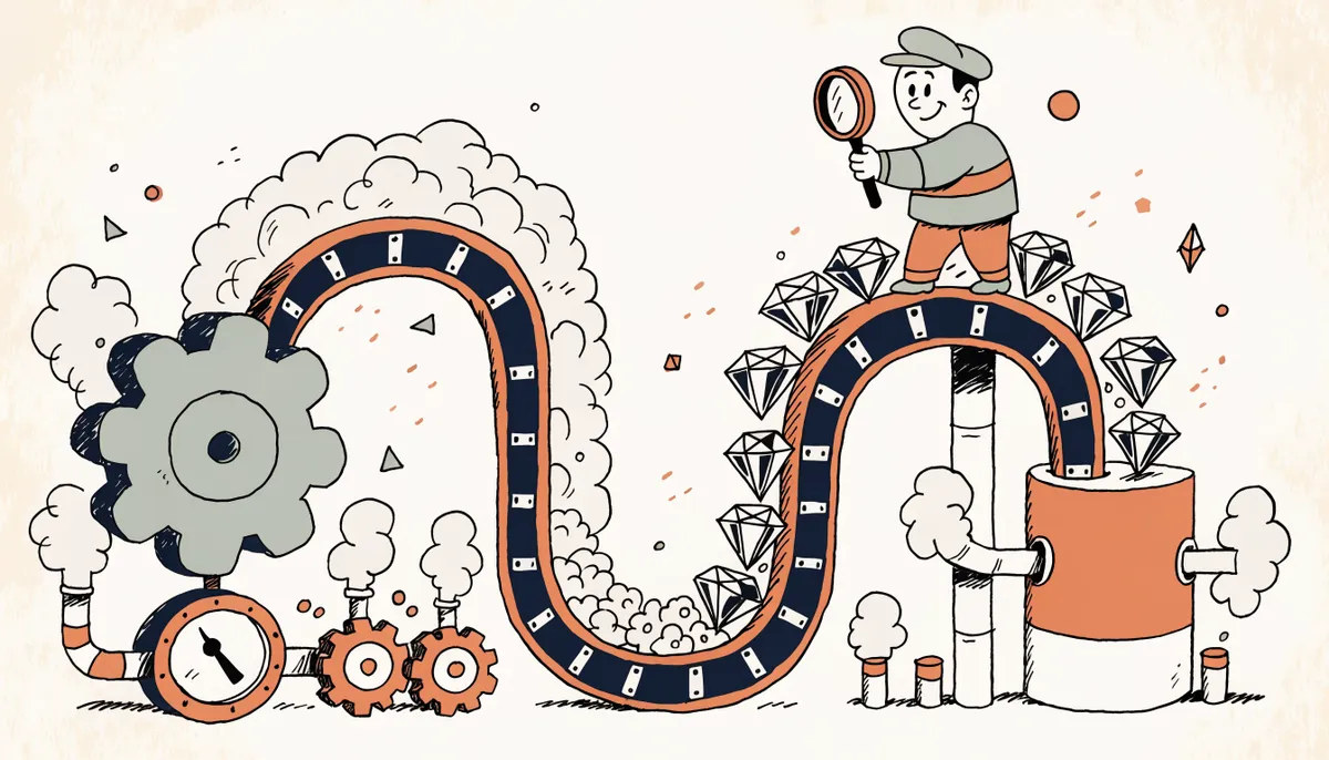 Retro cartoon illustration of a conveyor belt transforming raw gemstones into polished diamonds