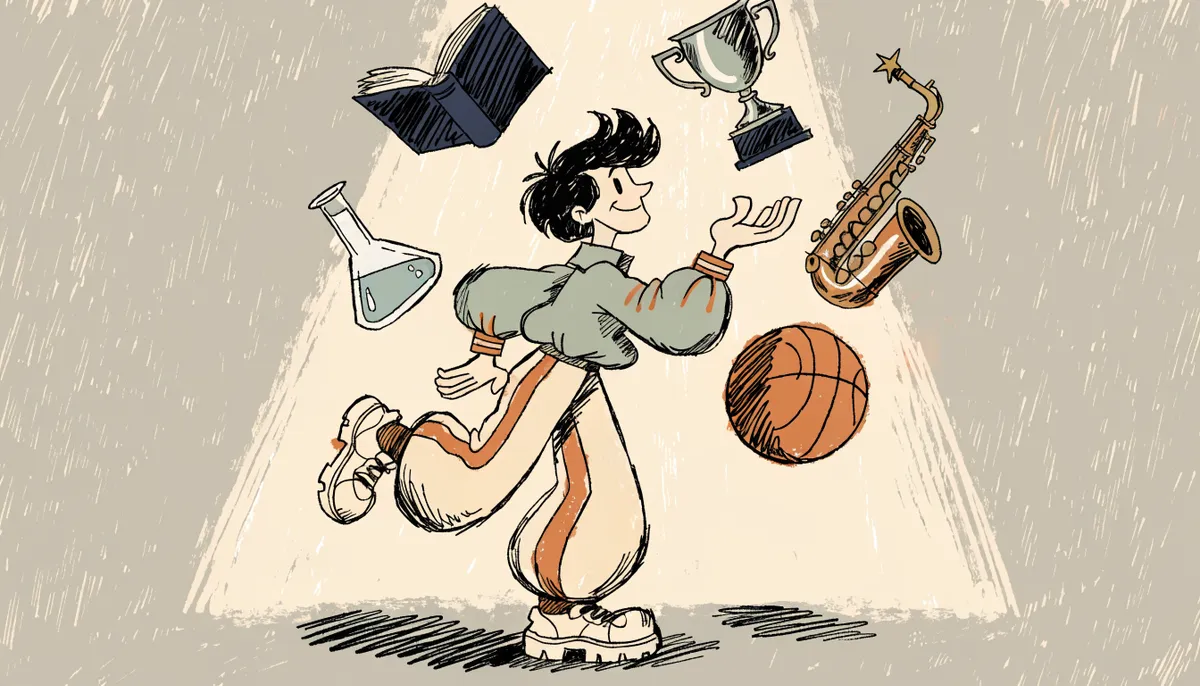 Retro cartoon illustration of a student juggling books, a trophy, a musical instrument, a sports ball, and a flask