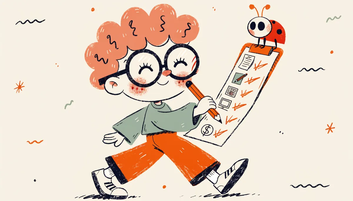 Cartoon student checking items off a clipboard with icons for a test paper, pencil, photo ID, computer, and dollar sign