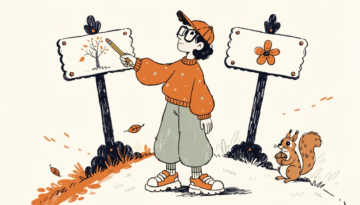 Cartoon student at a fork in the road with two signs: one showing autumn, one showing spring