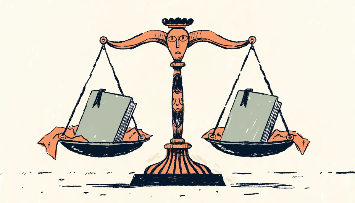 A cartoon set of balance scales weighing two small test booklets evenly against each other